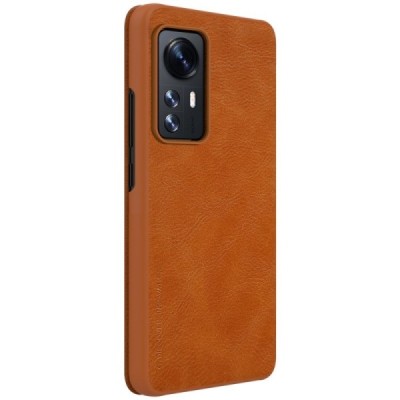 Prabangus „Nillkin“ Qin serijos rudas odinis atverčiamas Xiaomi 12 (Xiaomi 12X) dėklas | Priedai.lt