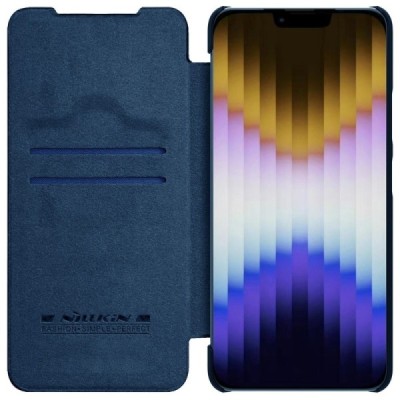 Prabangus „Nillkin“ Qin Pro serijos mėlynas odinis atverčiamas Apple iPhone 14 dėklas | Priedai.lt