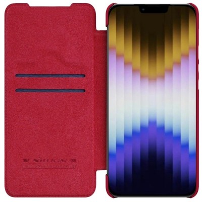 Prabangus „Nillkin“ Qin Pro serijos raudonas odinis atverčiamas Apple iPhone 14 Plus dėklas | Priedai.lt