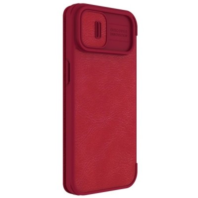 Prabangus „Nillkin“ Qin Pro serijos raudonas odinis atverčiamas Apple iPhone 14 Plus dėklas | Priedai.lt