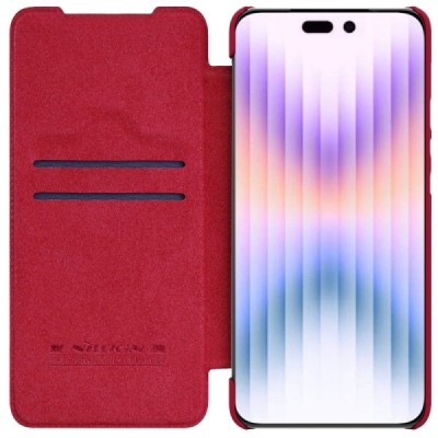 Prabangus „Nillkin“ Qin Pro serijos raudonas odinis atverčiamas Apple iPhone 14 Pro dėklas | Priedai.lt