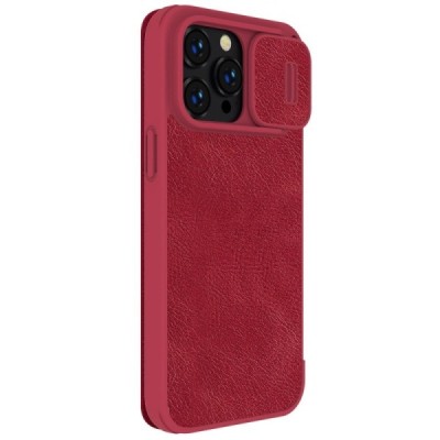 Prabangus „Nillkin“ Qin Pro serijos raudonas odinis atverčiamas Apple iPhone 14 Pro dėklas | Priedai.lt