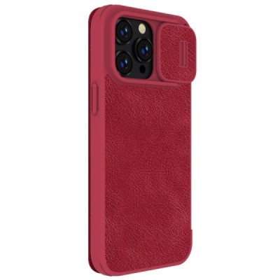 Prabangus „Nillkin“ Qin Pro serijos raudonas odinis atverčiamas Apple iPhone 14 Pro Max dėklas | Priedai.lt
