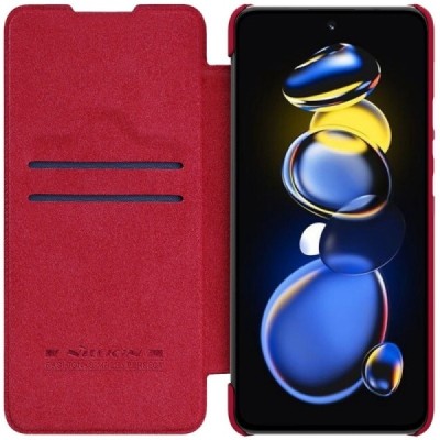 Prabangus „Nillkin“ Qin serijos raudonas odinis atverčiamas Xiaomi Poco X4 GT (Redmi Note 11T Pro, Redmi Note 11T Pro+) dėklas |