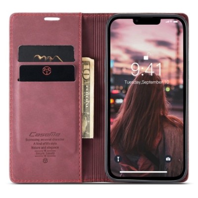Apple iPhone 14 CaseMe Retro solidus atverčiamas bordo odinis dėklas - knygutė | Priedai.lt