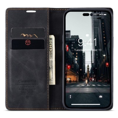 Apple iPhone 14 Pro Max CaseMe Retro solidus atverčiamas juodas odinis dėklas - knygutė | Priedai.lt