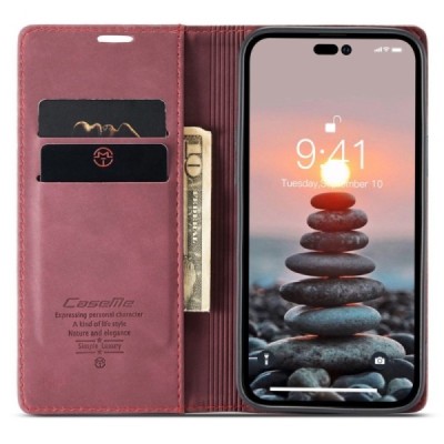 Apple iPhone 14 Pro Max CaseMe Retro solidus atverčiamas bordo odinis dėklas - knygutė | Priedai.lt