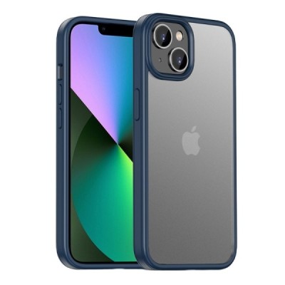 Apple iPhone 14 „IPAKY“ Rubberized silikoninis skaidrus permatomas dėklas su tamsiai mėlynu rėmeliu | Priedai.lt