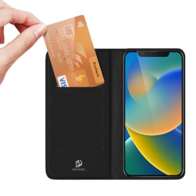 „Dux Ducis“ Skin serijos Apple iPhone 14 juodas odinis atverčiamas dėklas | Priedai.lt