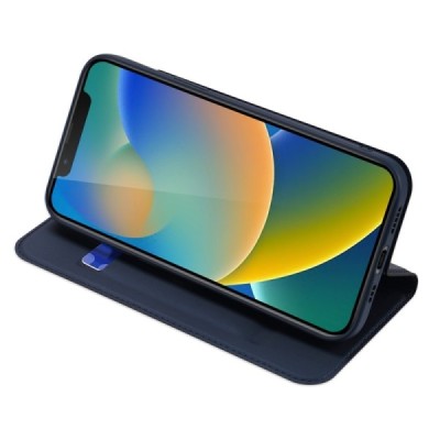 „Dux Ducis“ Skin serijos Apple iPhone 14 tamsiai mėlynas odinis atverčiamas dėklas | Priedai.lt