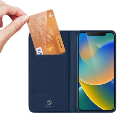 „Dux Ducis“ Skin serijos Apple iPhone 14 tamsiai mėlynas odinis atverčiamas dėklas | Priedai.lt