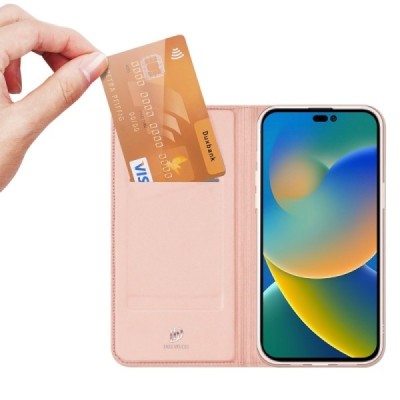 „Dux Ducis“ Skin serijos Apple iPhone 14 Pro rožinis odinis atverčiamas dėklas | Priedai.lt