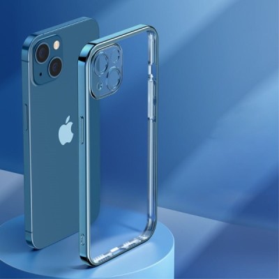 Apple iPhone 14 „ROCK“ silikoninis skaidrus permatomas dėklas su mėlynu rėmeliu | Priedai.lt