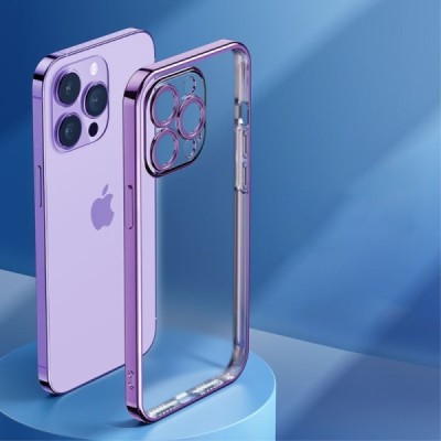 Apple iPhone 14 Pro „ROCK“ silikoninis skaidrus permatomas dėklas su violetiniu rėmeliu | Priedai.lt