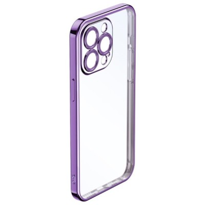 Apple iPhone 14 Pro Max „ROCK“ silikoninis skaidrus permatomas dėklas su violetiniu rėmeliu | Priedai.lt