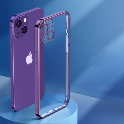 Apple iPhone 14 Plus „ROCK“ silikoninis skaidrus permatomas dėklas su violetiniu rėmeliu | Priedai.lt