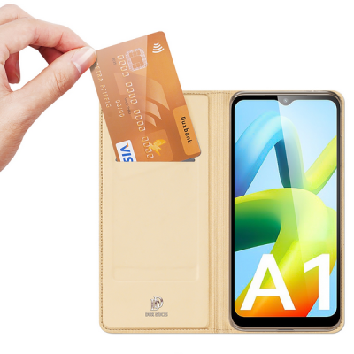 „Dux Ducis“ Skin serijos Xiaomi Redmi A1 auksinis odinis atverčiamas dėklas | Priedai.lt