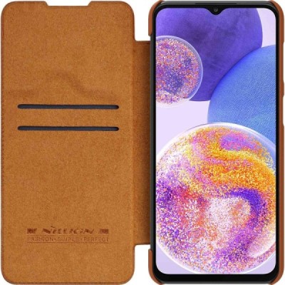 Prabangus „Nillkin“ Qin serijos rudas odinis atverčiamas Samsung Galaxy A23 5G (SM-A236B, SM-A235F) dėklas | Priedai.lt