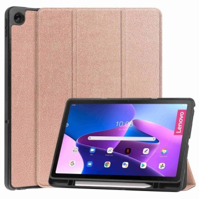 Lenovo Tab M10 Plus 10.6" Gen 3 atverčiamas auksinis odinis dėklas - knygutė su vieta liestukui | Priedai.lt