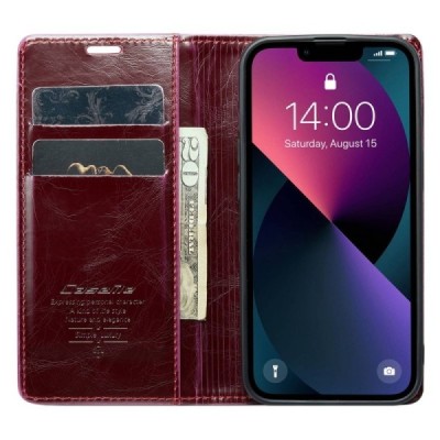 Apple iPhone 13 „CaseMe“ Leather solidus atverčiamas bordo odinis dėklas - knygutė | Priedai.lt