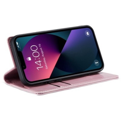 Apple iPhone 13 „CaseMe“ Leather solidus atverčiamas rožinis odinis dėklas - knygutė | Priedai.lt