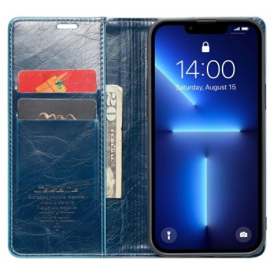 Apple iPhone 13 Pro „CaseMe“ Leather solidus atverčiamas mėlynas odinis dėklas - knygutė | Priedai.lt
