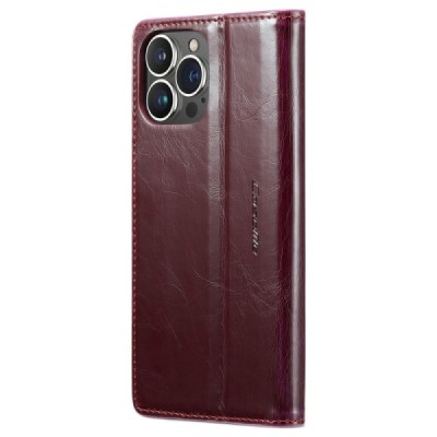 Apple iPhone 13 Pro „CaseMe“ Leather solidus atverčiamas bordo odinis dėklas - knygutė | Priedai.lt