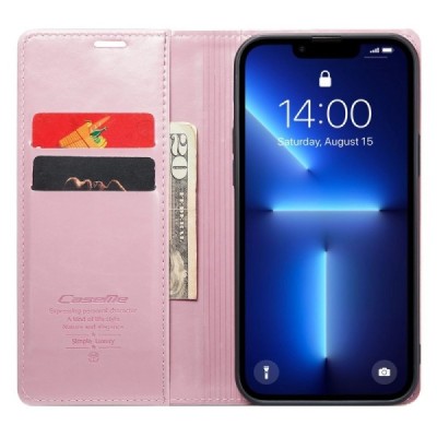 Apple iPhone 13 Pro „CaseMe“ Leather solidus atverčiamas rožinis odinis dėklas - knygutė | Priedai.lt
