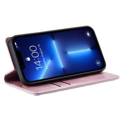 Apple iPhone 13 Pro „CaseMe“ Leather solidus atverčiamas rožinis odinis dėklas - knygutė | Priedai.lt