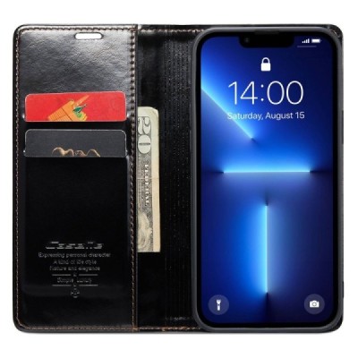 Apple iPhone 13 Pro Max „CaseMe“ Leather solidus atverčiamas juodas odinis dėklas - knygutė | Priedai.lt
