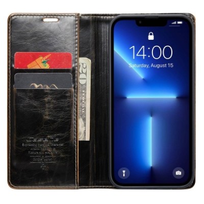 Apple iPhone 13 Pro Max „CaseMe“ Leather solidus atverčiamas rudas odinis dėklas - knygutė | Priedai.lt