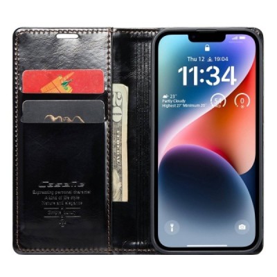 Apple iPhone 14 „CaseMe“ Leather solidus atverčiamas juodas odinis dėklas - knygutė | Priedai.lt