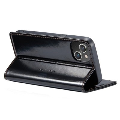 Apple iPhone 14 „CaseMe“ Leather solidus atverčiamas juodas odinis dėklas - knygutė | Priedai.lt