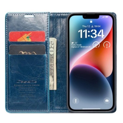 Apple iPhone 14 „CaseMe“ Leather solidus atverčiamas mėlynas odinis dėklas - knygutė | Priedai.lt