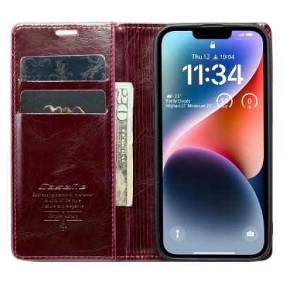 Apple iPhone 14 „CaseMe“ Leather solidus atverčiamas bordo odinis dėklas - knygutė | Priedai.lt