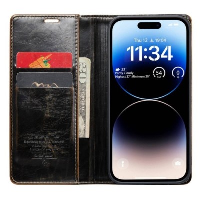 Apple iPhone 14 Pro „CaseMe“ Leather solidus atverčiamas rudas odinis dėklas - knygutė | Priedai.lt