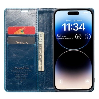 Apple iPhone 14 Pro „CaseMe“ Leather solidus atverčiamas mėlynas odinis dėklas - knygutė | Priedai.lt