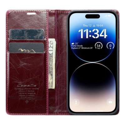 Apple iPhone 14 Pro „CaseMe“ Leather solidus atverčiamas bordo odinis dėklas - knygutė | Priedai.lt