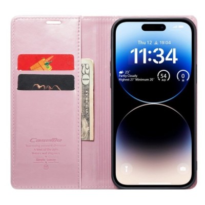 Apple iPhone 14 Pro „CaseMe“ Leather solidus atverčiamas rožinis odinis dėklas - knygutė | Priedai.lt