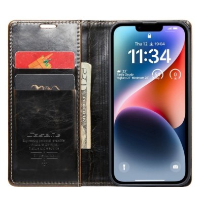 Apple iPhone 14 Plus „CaseMe“ Leather solidus atverčiamas rudas odinis dėklas - knygutė | Priedai.lt