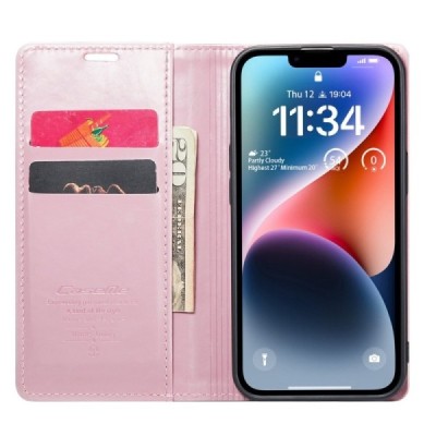 Apple iPhone 14 Plus „CaseMe“ Leather solidus atverčiamas rožinis odinis dėklas - knygutė | Priedai.lt