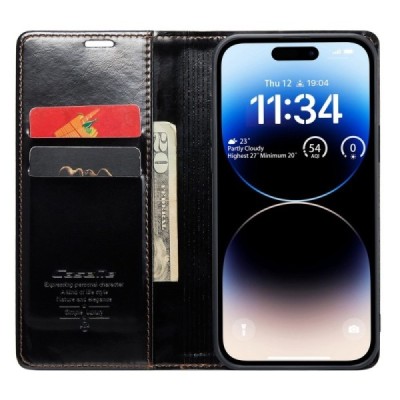 Apple iPhone 14 Pro Max „CaseMe“ Leather solidus atverčiamas juodas odinis dėklas - knygutė | Priedai.lt