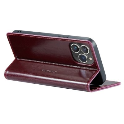 Apple iPhone 14 Pro Max „CaseMe“ Leather solidus atverčiamas bordo odinis dėklas - knygutė | Priedai.lt