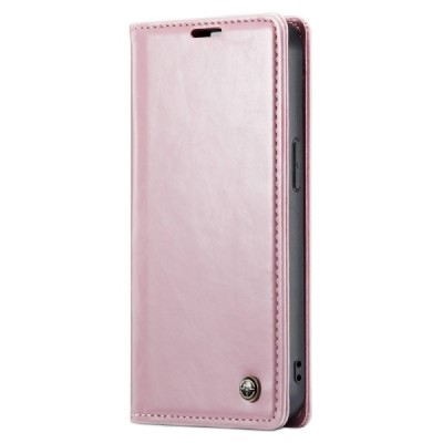 Apple iPhone 14 Pro Max „CaseMe“ Leather solidus atverčiamas rožinis odinis dėklas - knygutė | Priedai.lt