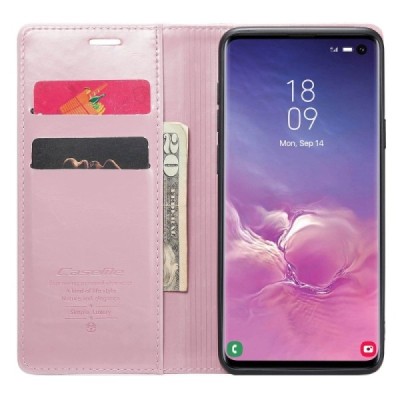 Samsung Galaxy S10 (G973) „CaseMe“ Leather solidus atverčiamas rožinis odinis dėklas - knygutė | Priedai.lt