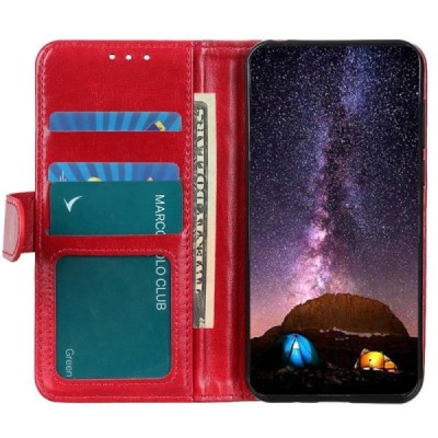 Samsung Galaxy S23 Ultra (SM-S918) atverčiamas raudonas odinis dėklas - piniginė | Priedai.lt
