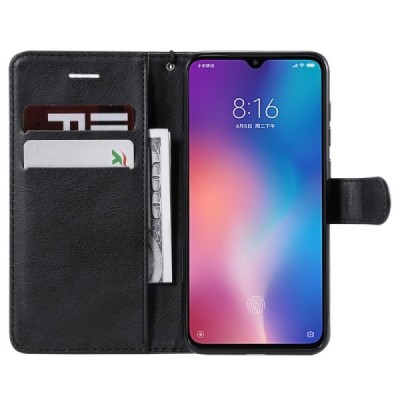 Xiaomi Mi 9 SE atverčiamas juodas odinis retro dėklas - piniginė | Priedai.lt