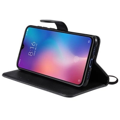 Xiaomi Mi 9 SE atverčiamas juodas odinis retro dėklas - piniginė | Priedai.lt