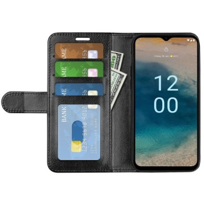 Nokia G22 atverčiamas juodas odinis dėklas - piniginė | Priedai.lt