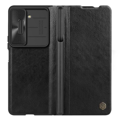 Samsung Galaxy Fold5 5G (SM-F946B) prabangus Nillkin Qin Pro serijos juodas odinis atverčiamas dėklas - knygutė | Priedai.lt